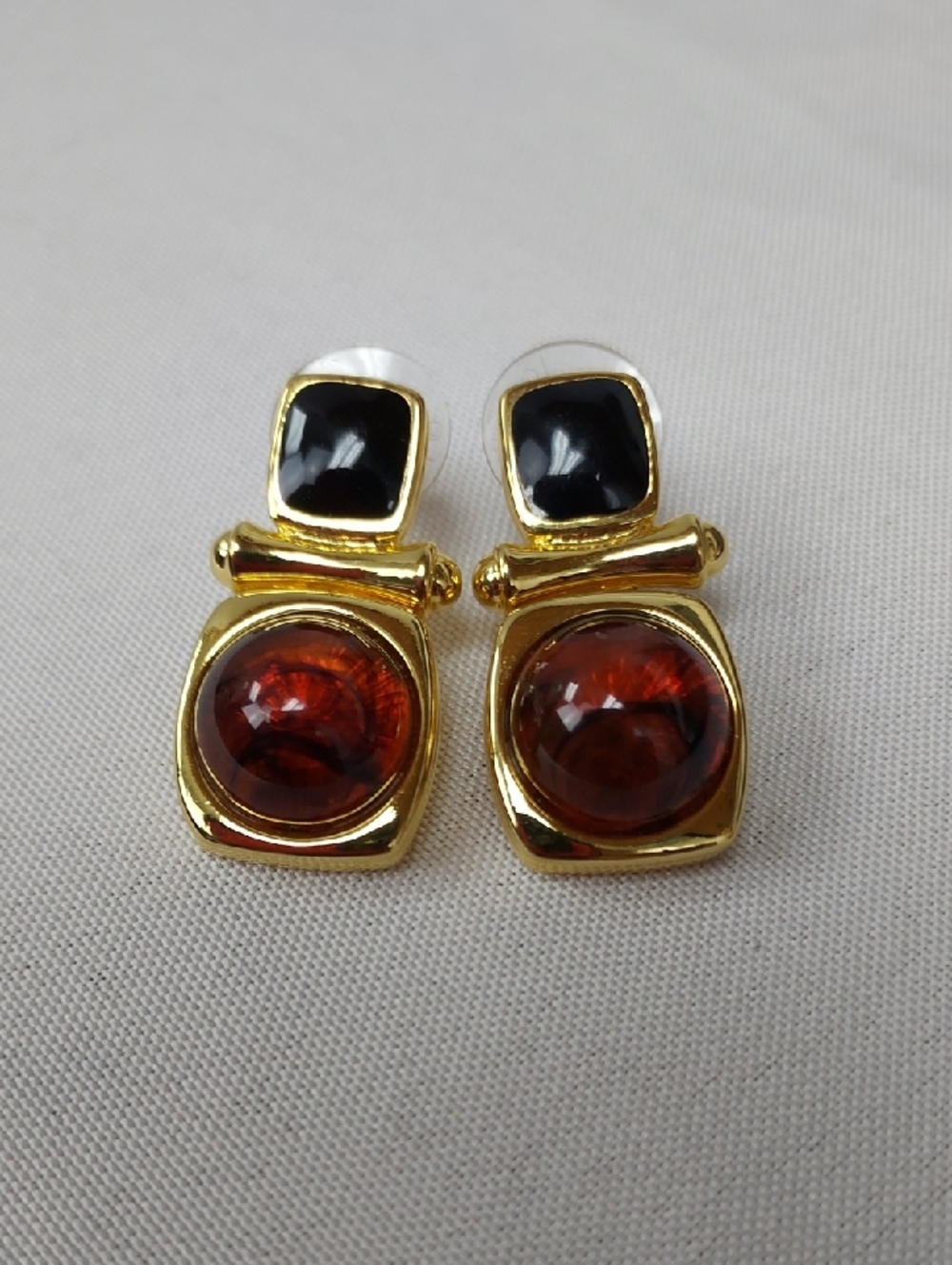 Joan Rivers Gold-Tone Earrings with Black Enamel and Faux Amber Cabochon Stones